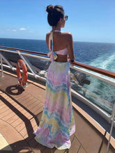 Boho-Kleid, Malerei, Neckholder, Ringdetails, rückenfrei, Resort, lässige Maxikleider